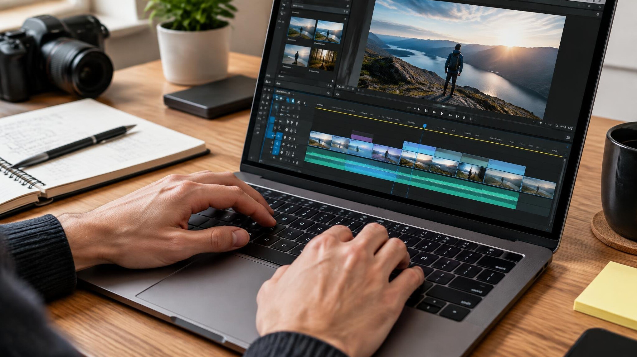 Hands typing on a laptop while editing video