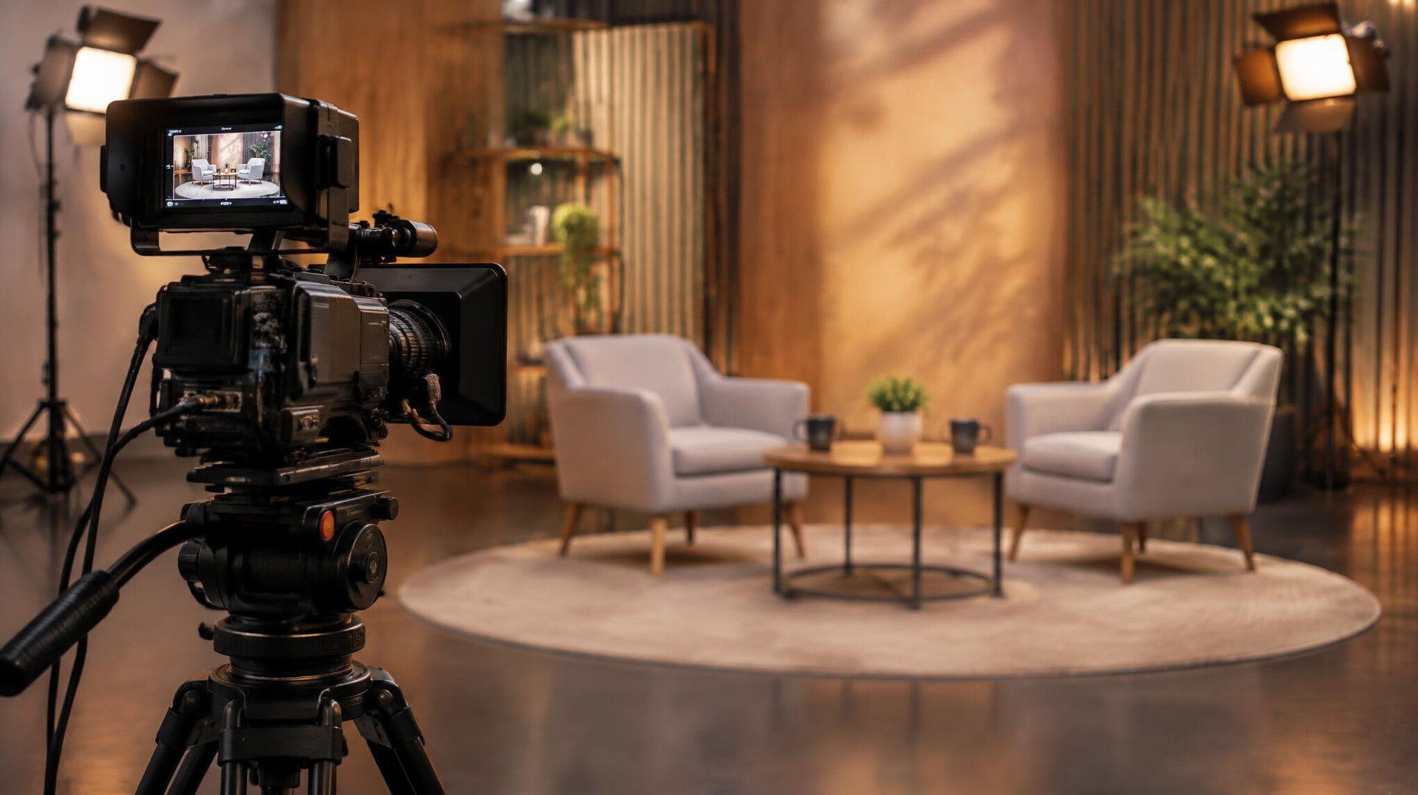 Television camera in a studio with soft lights